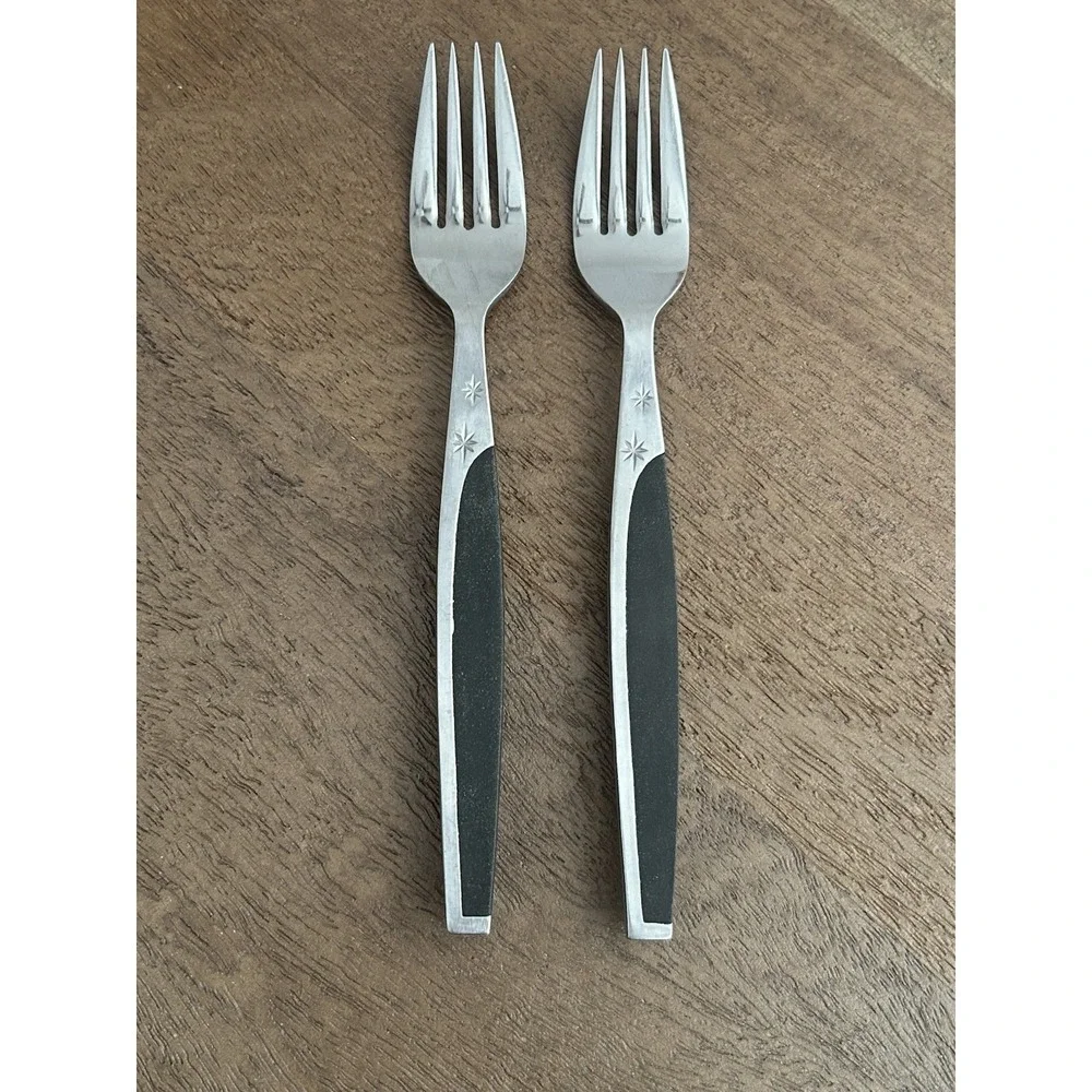 Vintage Mar-Crest Ebony 2 Dinner Forks MCFMCF3 Stainless Atomic Starburst Japan